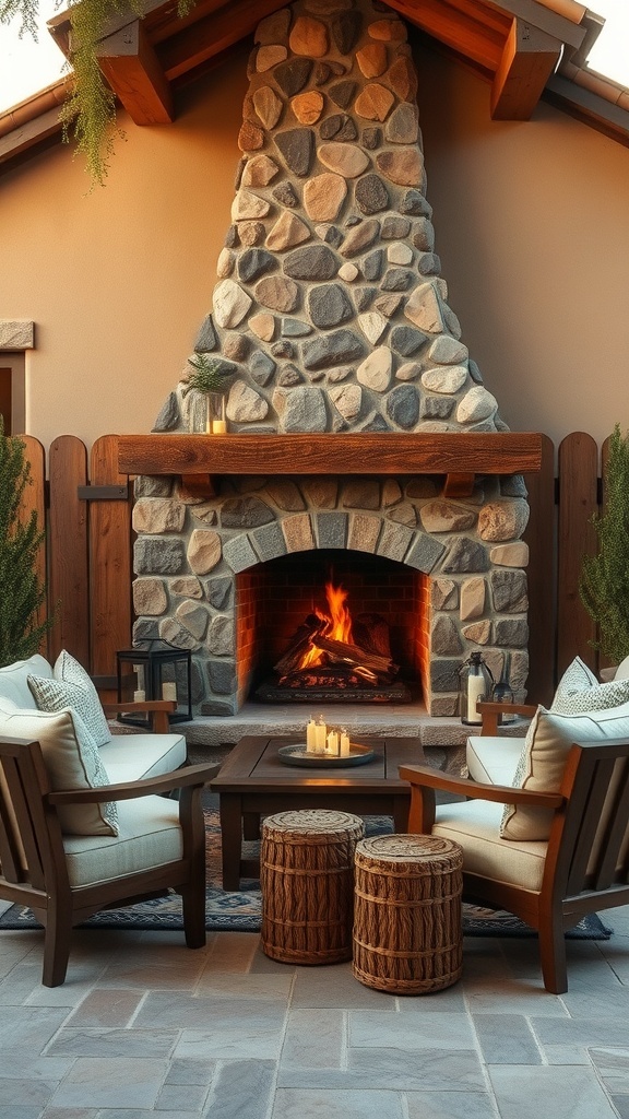 A rustic fireplace with stone walls and cozy seating arrangements, featuring soft chairs and a fluffy pouf.