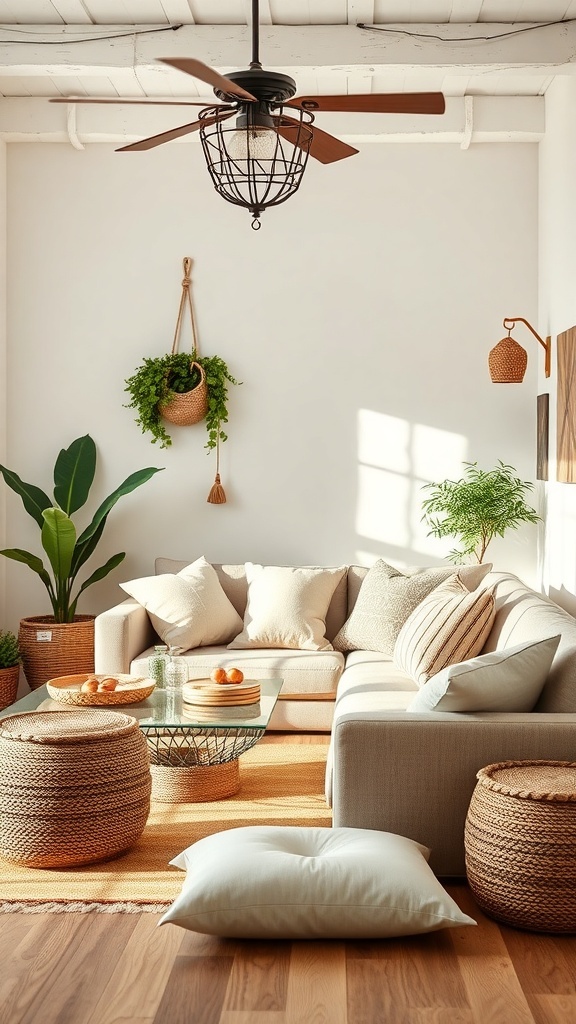 Cozy boho farmhouse living room with soft seating and natural decor.
