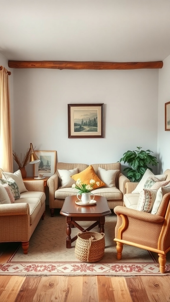 A cozy small cottage living room with soft sofas, an armchair, and a coffee table.