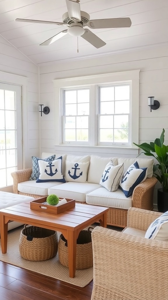 Coastal farmhouse living room with cozy seating and nautical decor.