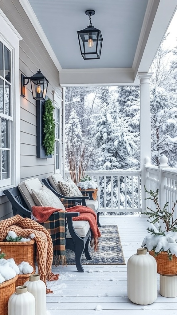 Cozy winter porch with seating, blankets, and decorative elements.