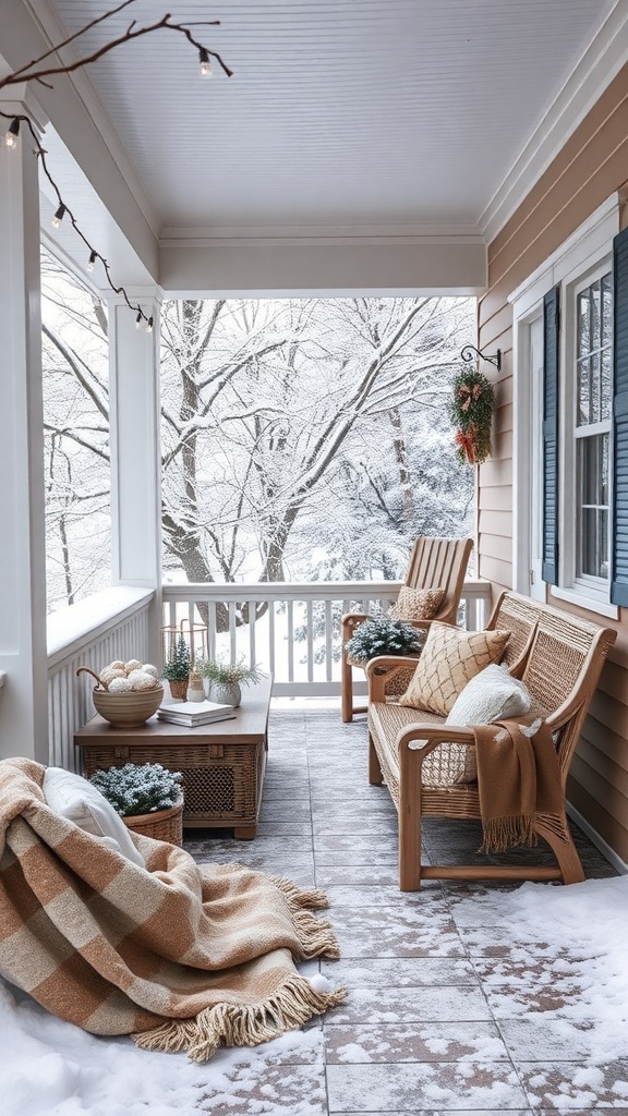A cozy winter front porch with wooden seating, cushions, and a blanket.
