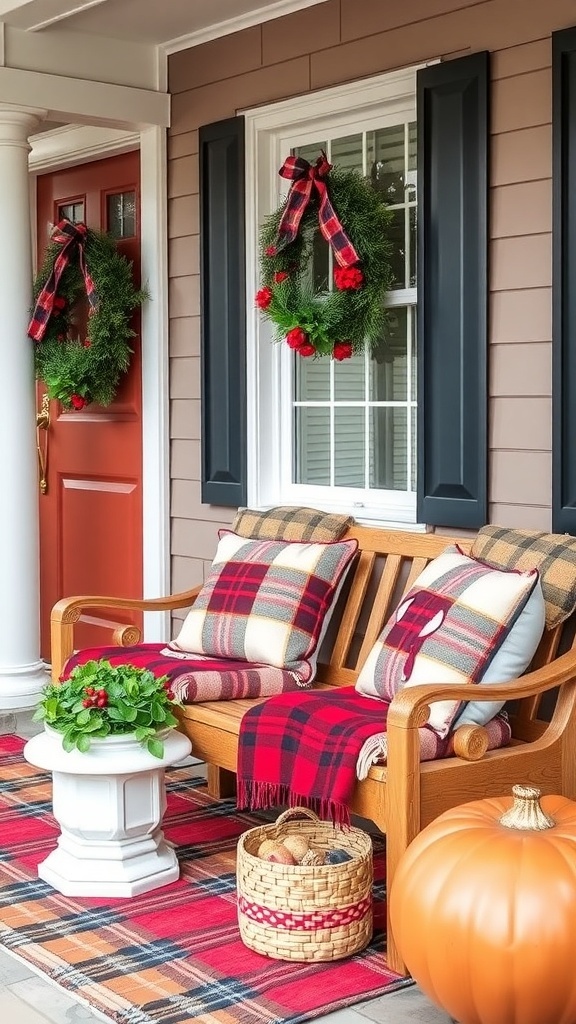 Cozy front porch with a bench, plaid blanket, holiday pillows, wreath, and small trees.