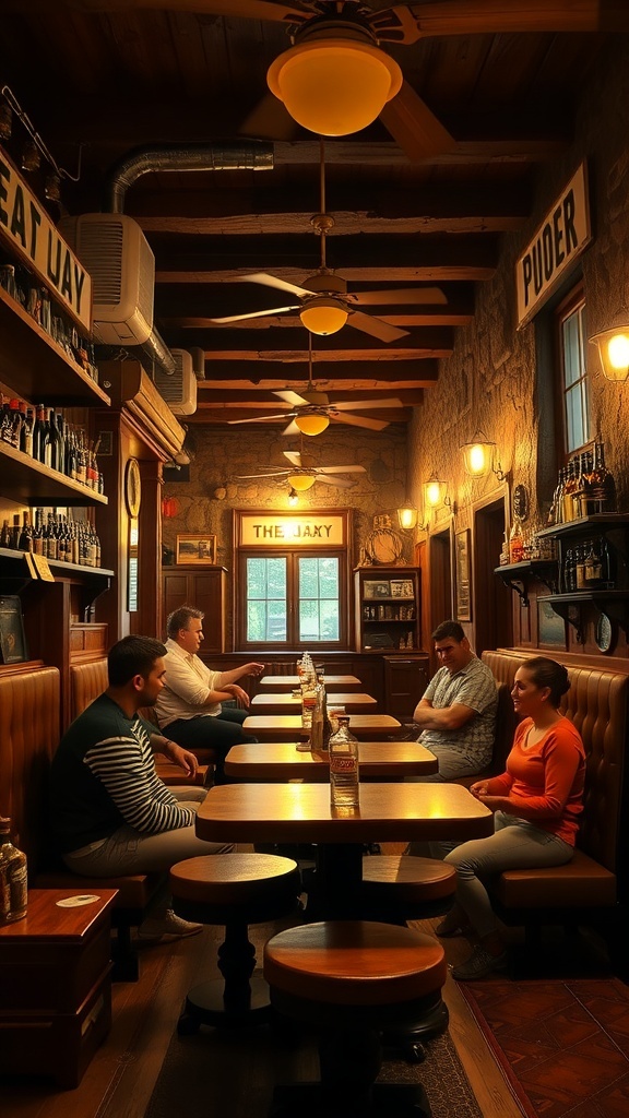 A rustic bar interior with wooden tables, cozy seating, and warm lighting.