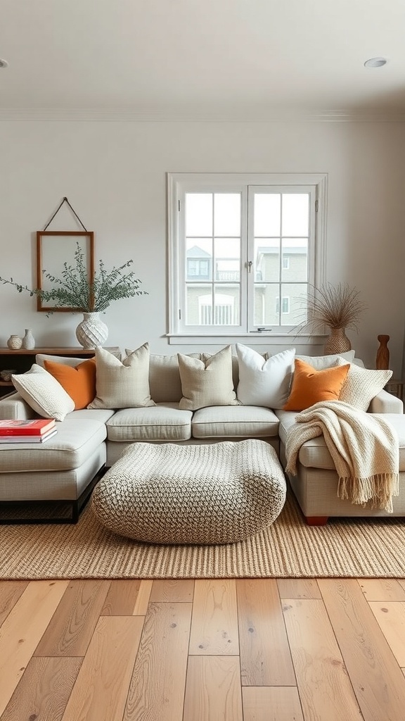 Cozy sectional sofa in a farmhouse living room with decorative pillows and a knitted pouf.