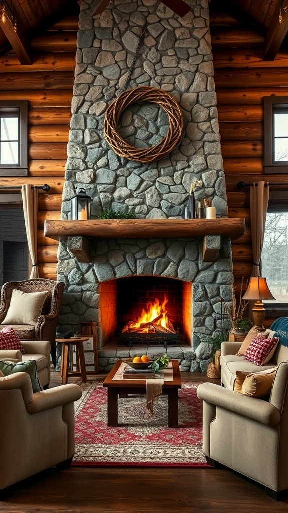 A cozy living room featuring a stone fireplace with a warm fire, surrounded by comfortable seating and rustic decor.