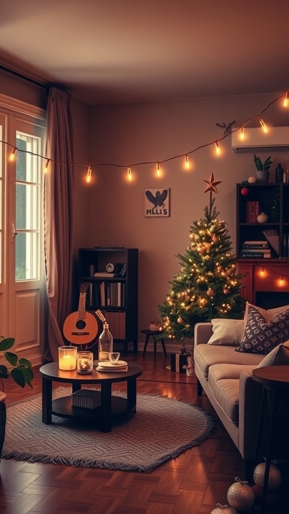 A cozy apartment decorated for Christmas with string lights and a Christmas tree.