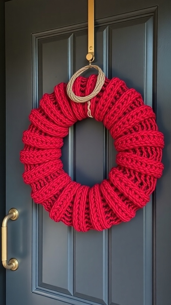 A cozy red knit wreath hanging on a front door