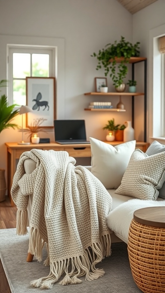 A cozy modern farmhouse office with soft textiles, including a knit blanket and decorative pillows.