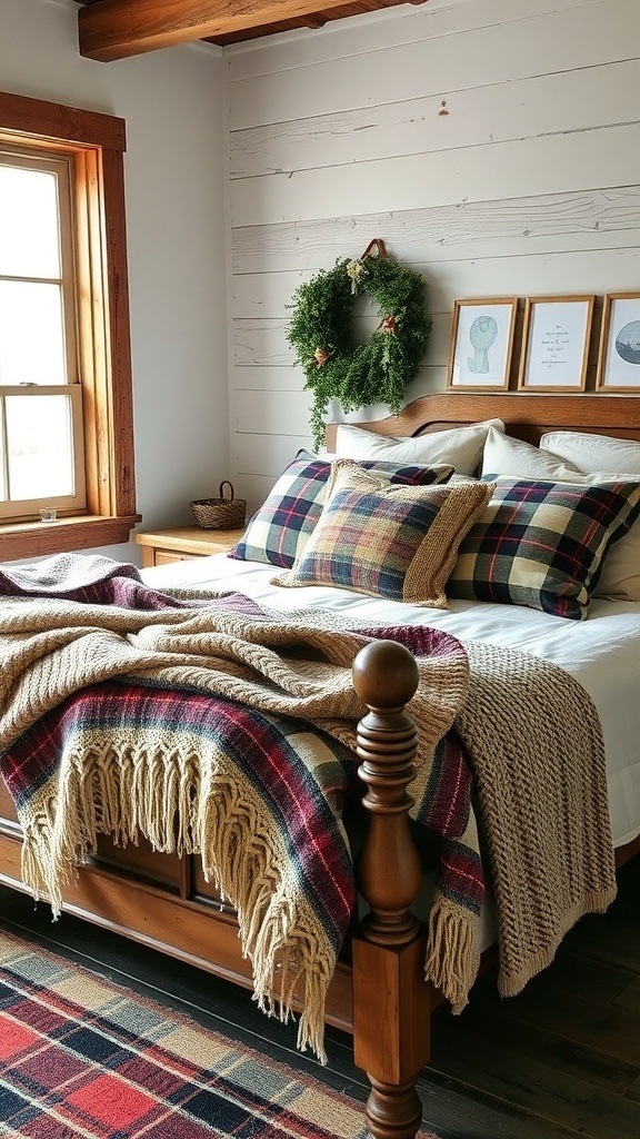 A rustic bedroom featuring cozy textiles, including layered blankets and plaid pillows.