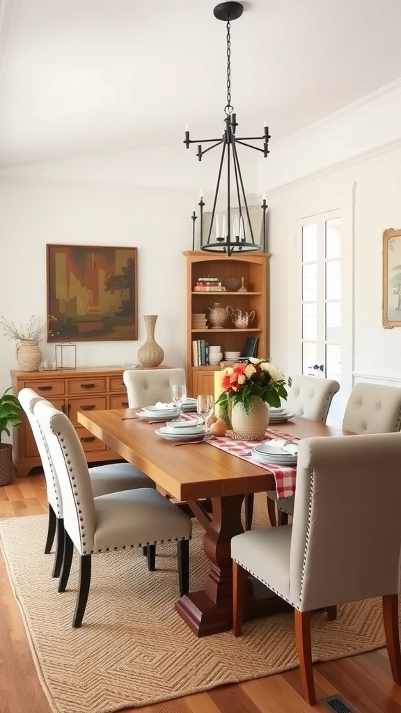 A modern farmhouse dining room featuring a wooden table, upholstered chairs, and decorative elements.