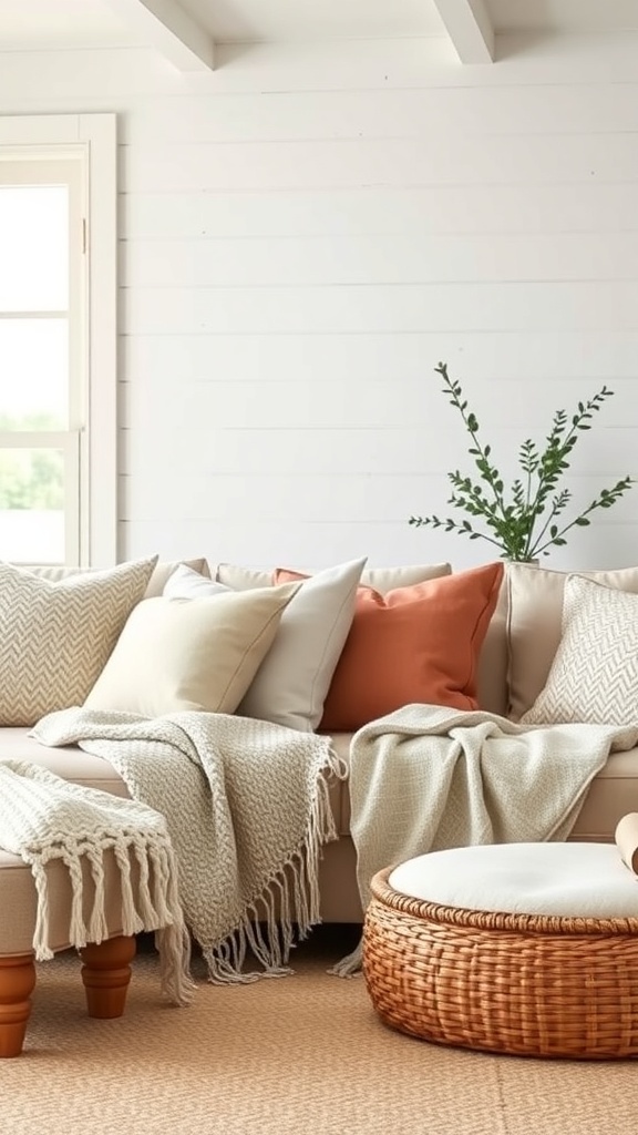 Cozy coastal farmhouse living room with soft textiles and fabrics.