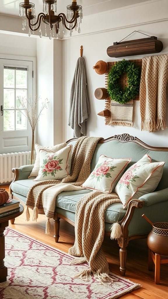 Cozy cottage living room with soft textiles and warm colors.