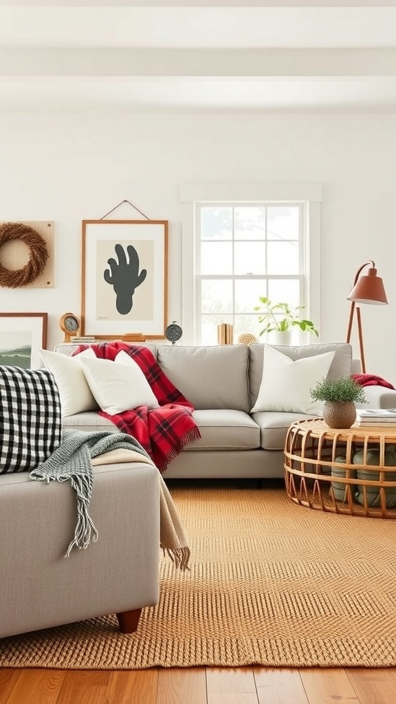 Cozy modern farmhouse living room with soft textiles and fabrics.