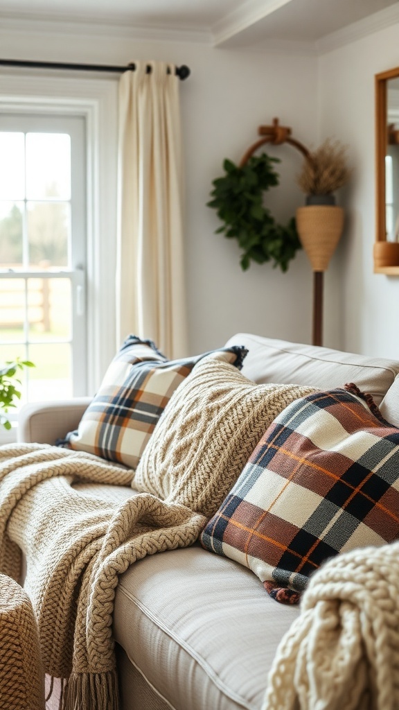 A cozy living room with knitted throws and plaid pillows on a sofa.