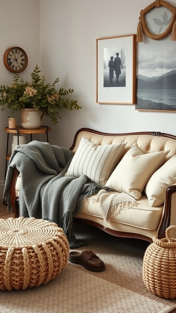 A cozy rustic living room with soft textiles and fabrics.