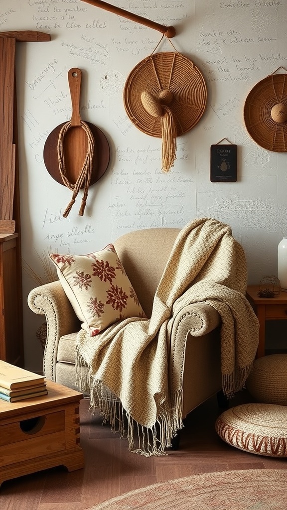 A cozy living room corner featuring a beige armchair with a knitted throw and decorative pillow, surrounded by rustic decor.