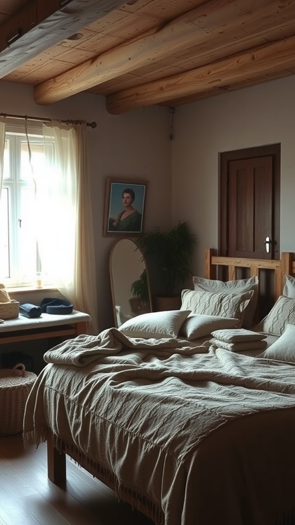 A rustic farmhouse bedroom featuring layered bedding and cozy textiles.
