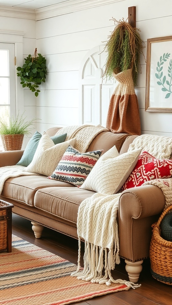 Cozy farmhouse living room with a sofa covered in layered textiles and decorative pillows.