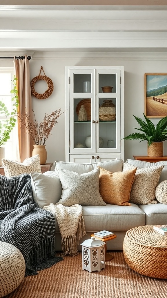 A cozy modern cottage living room with layered textiles and soft furnishings.