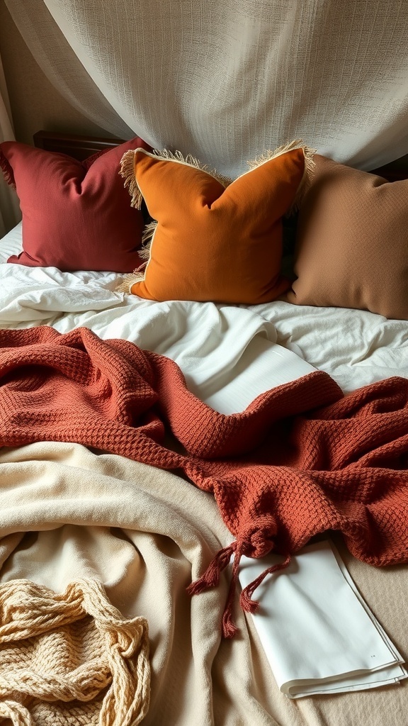 A cozy bedroom scene featuring layered textiles, including colorful pillows and blankets.