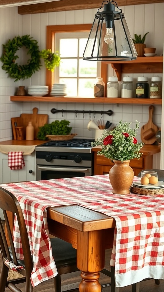 A cozy farmhouse kitchen with a checkered tablecloth and fresh flowers on the counter.