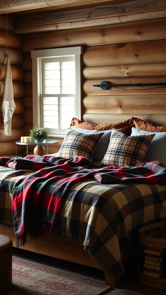 A cozy bedroom with a plaid blanket and pillows on a wooden bed.