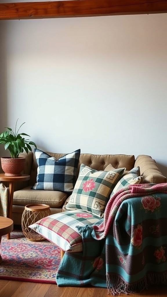 Cozy living room with patterned pillows and a throw blanket on a couch.