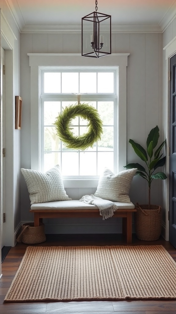 A cozy entryway featuring a bench with pillows, a woven rug, and a green wreath on the window.