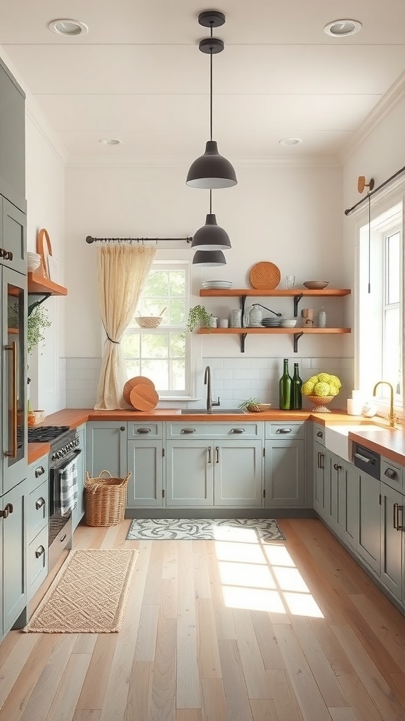 A modern farmhouse kitchen featuring soft textiles and warm furnishings.