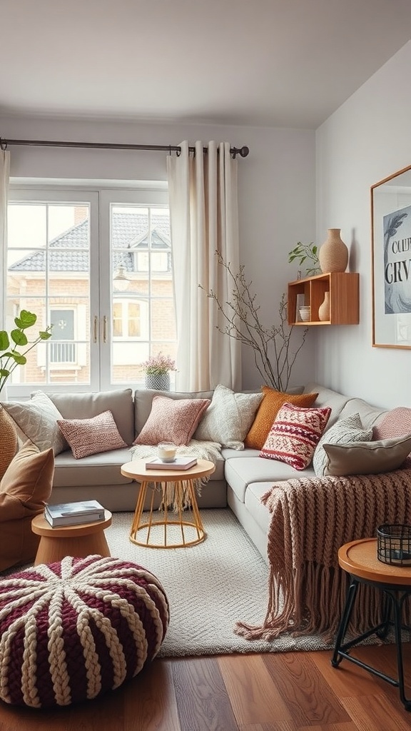 A cozy English cottage living room with soft textiles, cushions, and a warm atmosphere.