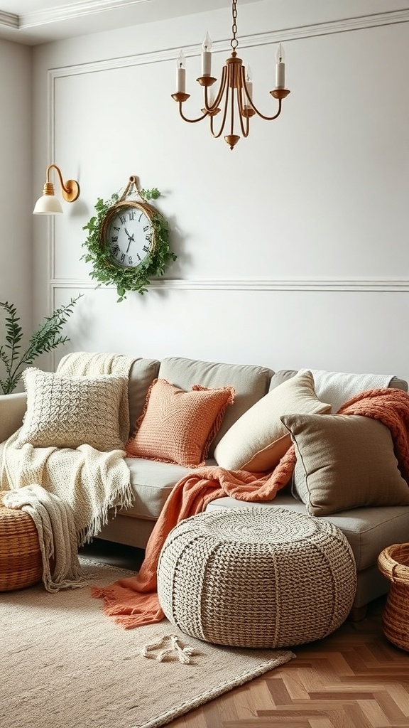Cozy living room with soft textiles, throws, and pillows.