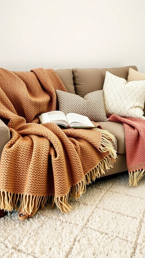 A cozy couch with warm blankets and pillows, perfect for January decor.