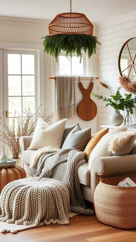 A cozy living room with soft throws and pillows on a sofa, featuring warm colors and natural textures.