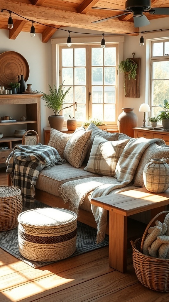 Cozy farmhouse style living room with warm fabrics and textiles.