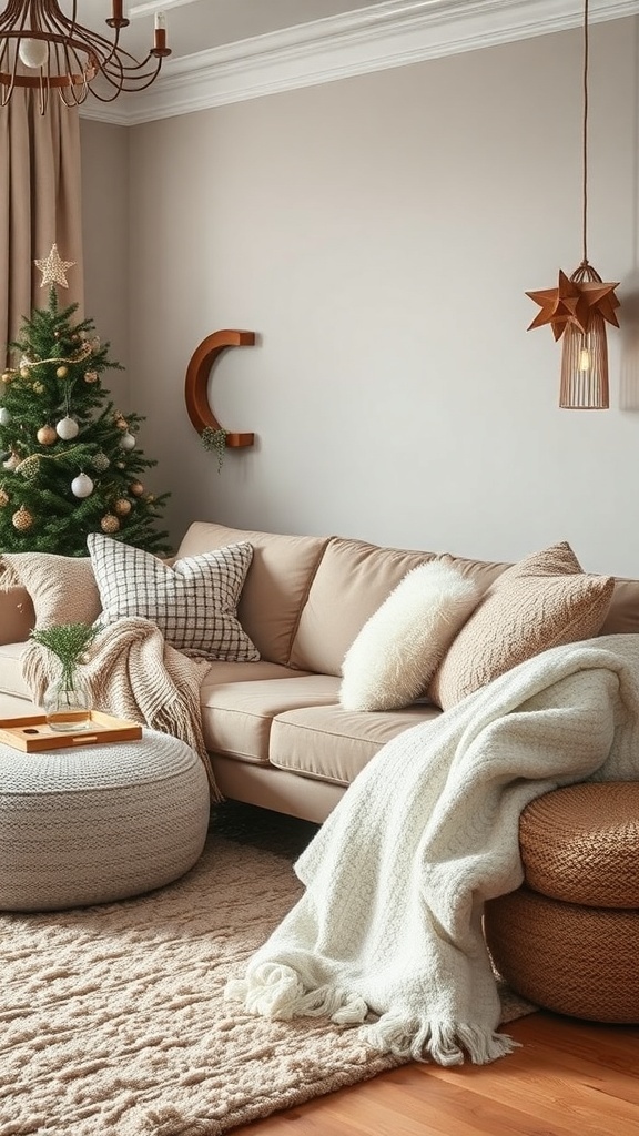 A cozy living room with a beige sofa, fluffy pillows, a knitted pouf, and a Christmas tree.