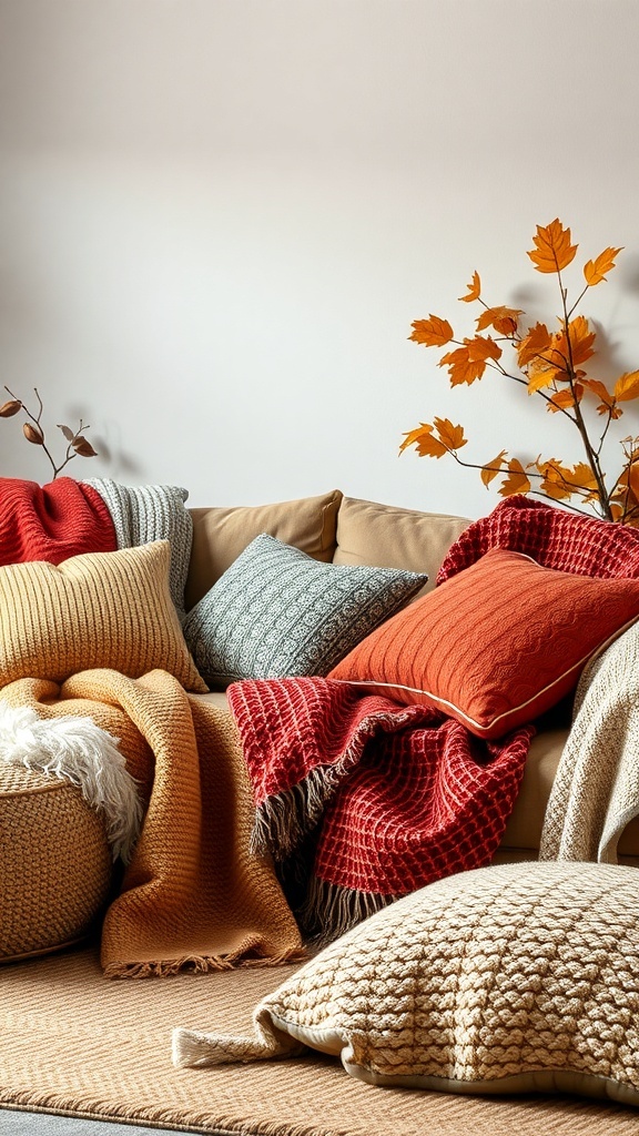 A cozy living room sofa with various textured pillows and blankets in autumn colors.
