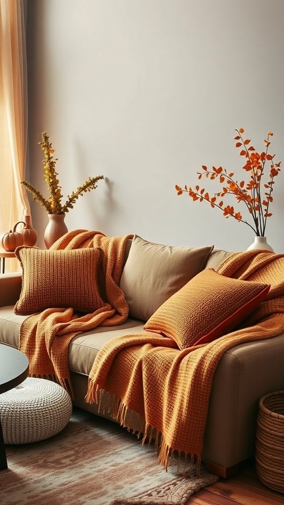 Cozy fall apartment decor featuring an orange throw blanket and pillows on a sofa.