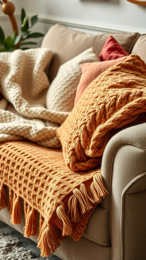 A cozy couch with an orange knitted throw blanket and pillows in warm tones.