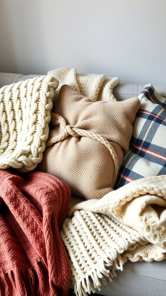 A cozy arrangement of knitted blankets and pillows in warm colors on a sofa.