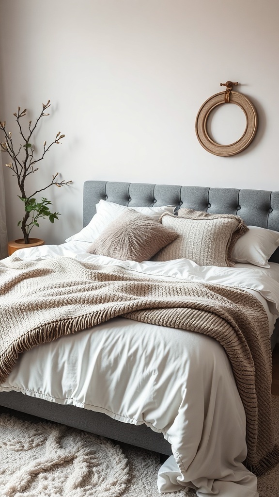 A cozy winter bedroom with soft textiles, including a chunky knit blanket and fluffy pillows.