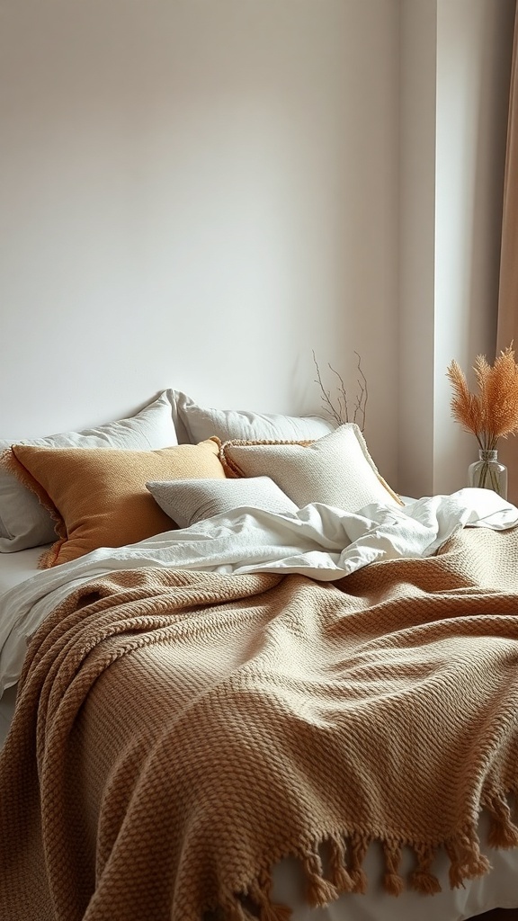 A cozy winter bedroom with soft blankets and pillows in warm tones.