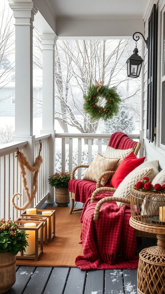 A cozy winter porch decorated with blankets, cushions, and a wreath.