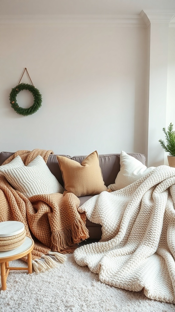 A cozy living room with warm textiles including blankets and pillows on a sofa.