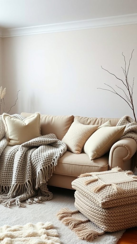 A cozy living room with a beige couch adorned with soft pillows and a knitted blanket.