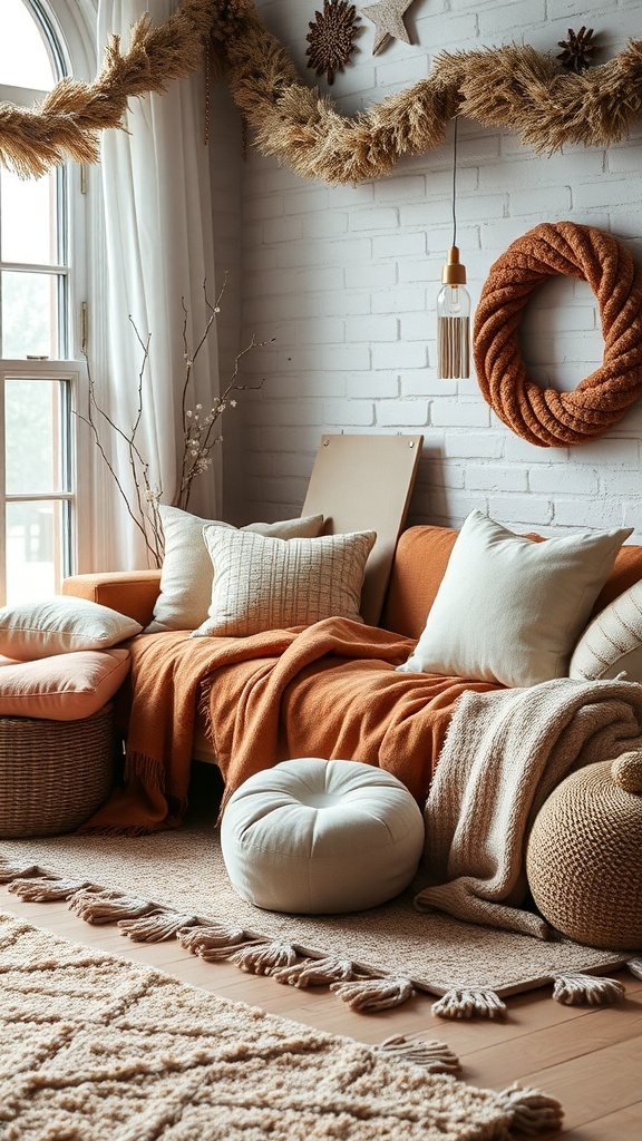 A cozy winter room with warm textiles, including blankets and pillows on a sofa.