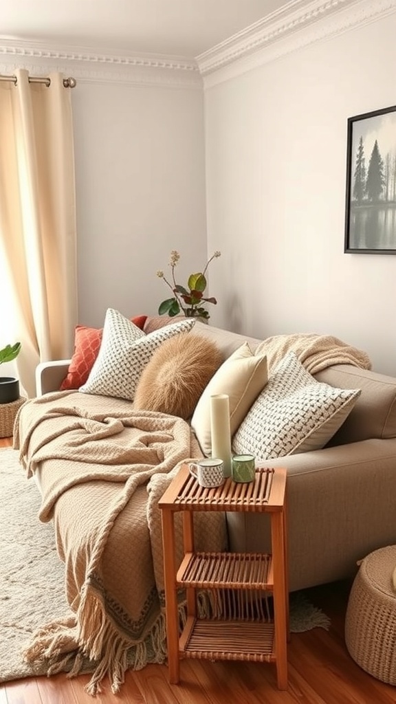 A cozy living room with a soft blanket, pillows, and a wooden side table.