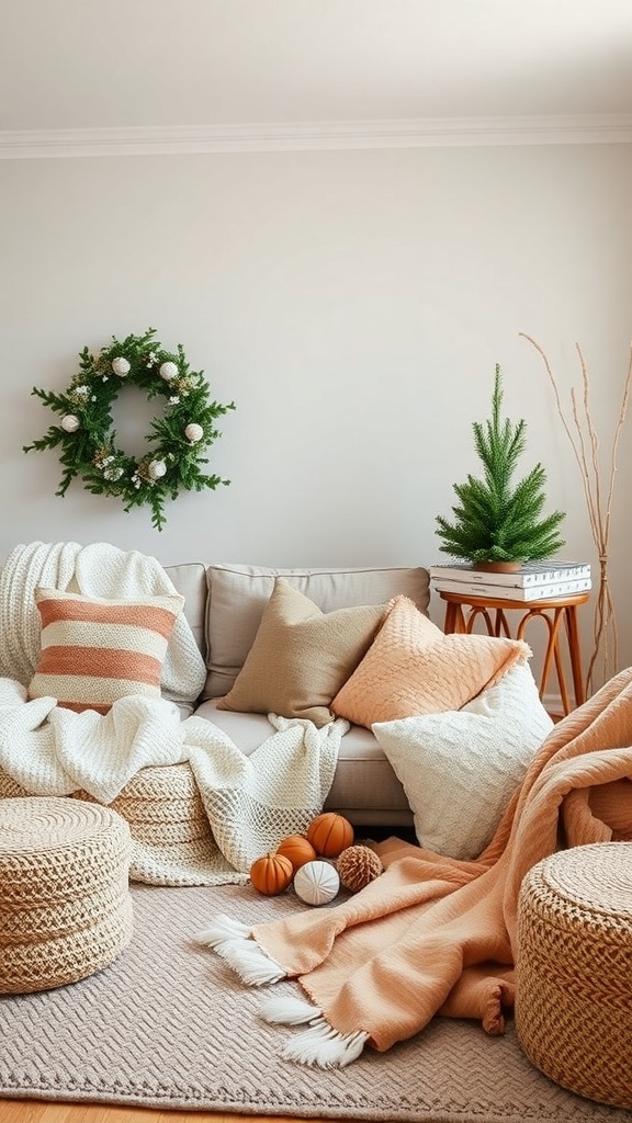 A cozy living room with soft textiles, including blankets and pillows, creating a warm atmosphere.