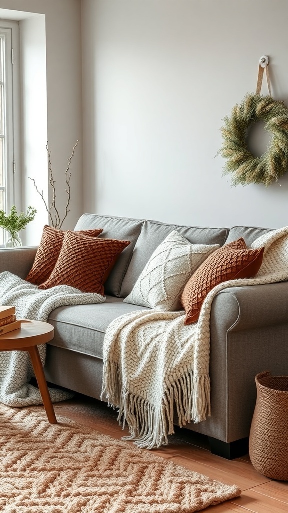 A cozy living room featuring a gray sofa adorned with warm-toned pillows and a knitted throw, complemented by a textured rug.