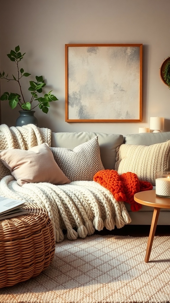 A cozy living room with soft textiles, including a chunky knit throw, decorative pillows, and a warm color scheme.